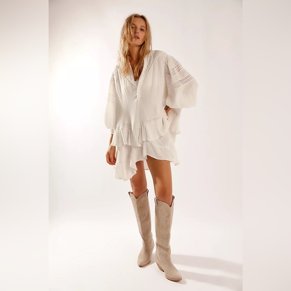 NWT Free People Sachi Long Sleeve Ruffle Minidress in Ivory Sz M oversized rayon - Picture 8 of 16